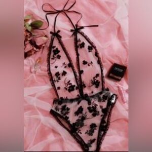 Floral Sheer Bodysuit with Black Lace